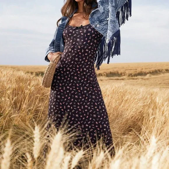 Black and White Boho Womens Ditsy Floral Print Cami Dress - Picture 2 of 5